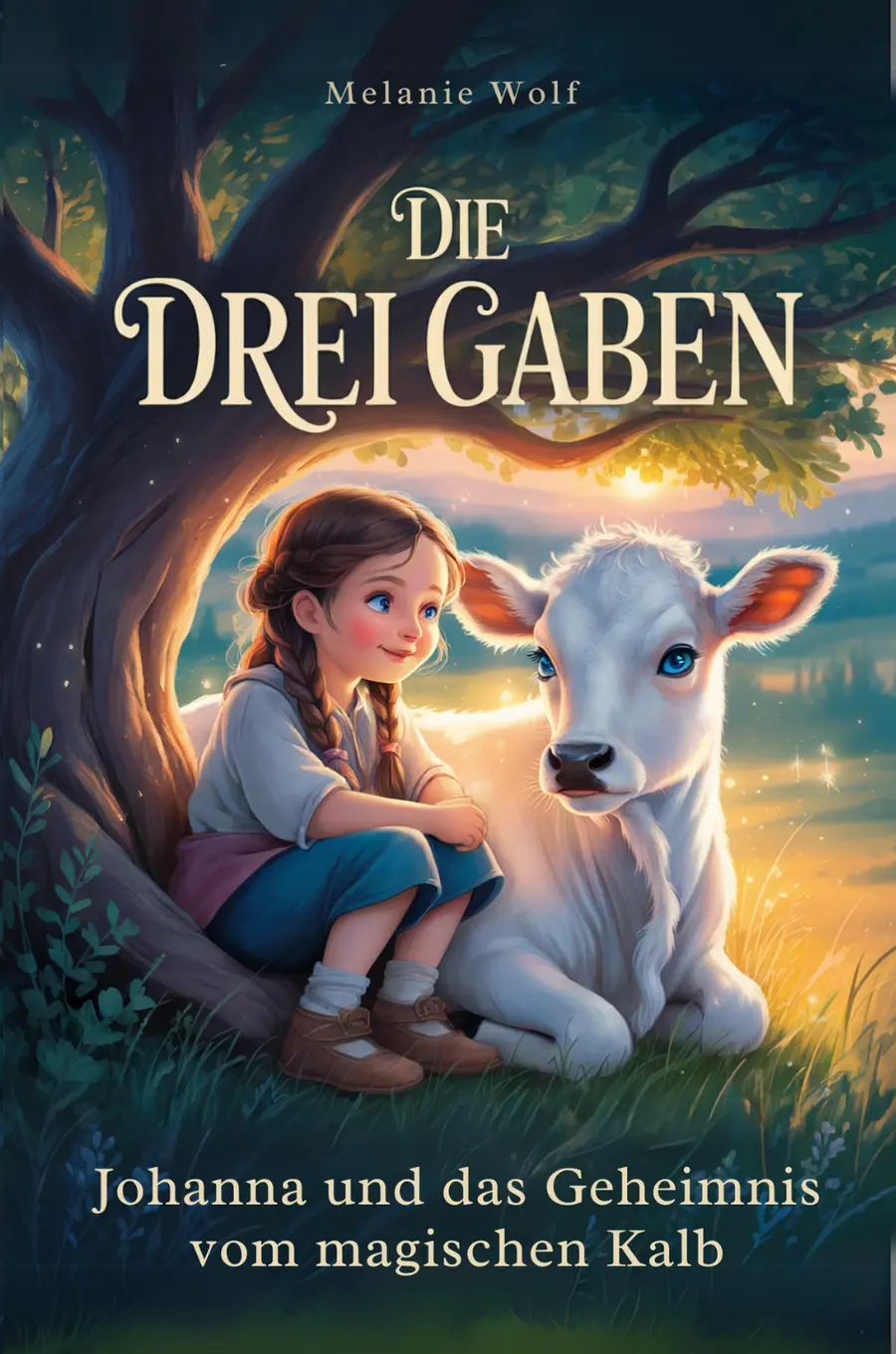 Buchcover: Die drei Gaben – Johanna sitzt mit dem weißen Kälbchen Lora unter einem alten Baum