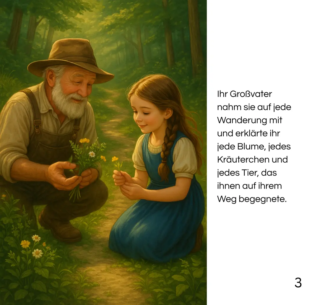 Buchseite 3: Johanna sammelt mit ihrem Großvater Blumen im Wald