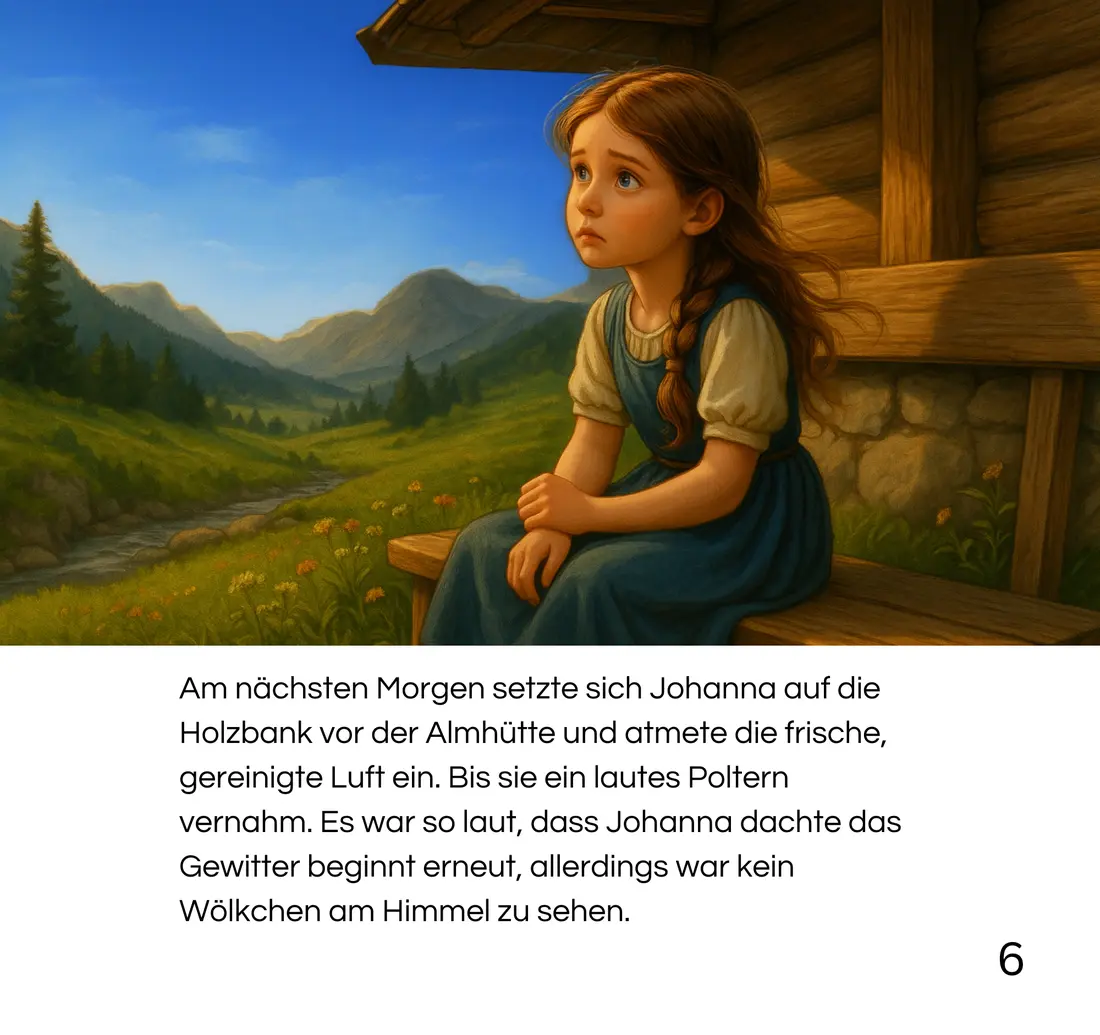 Buchseite 6: Johanna sitzt am Morgen auf der Holzbank vor der Almhütte